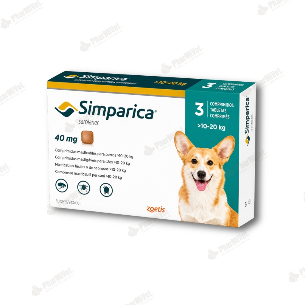 SIMPARICA 40 MG DE 10 - 20 KG X 3 TAB