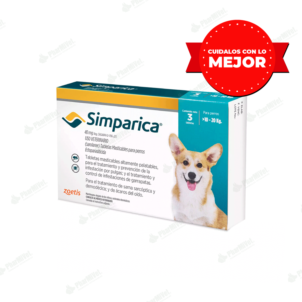 SIMPARICA 40 MG DE 10 - 20 KG X 3 TAB