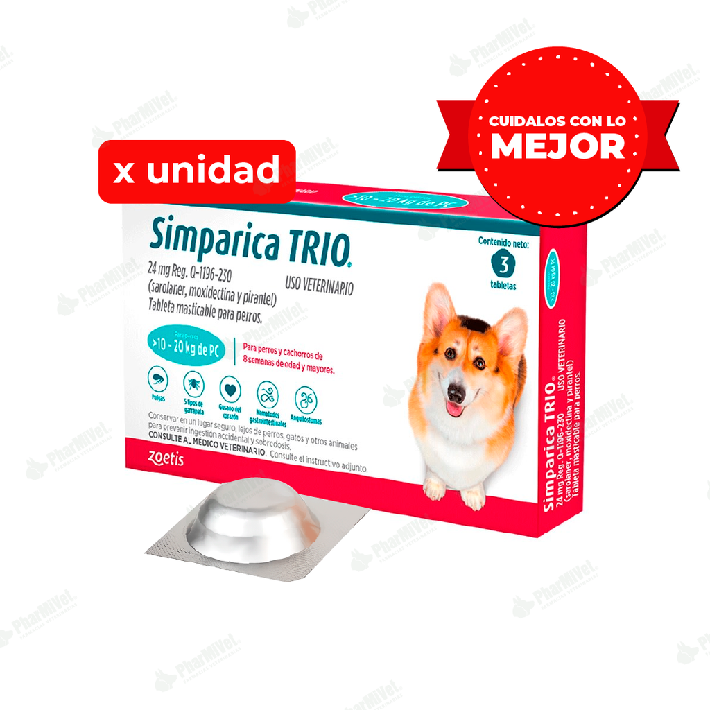 SIMPARICA TRIO 24 MG DE 10 - 20 KG X UNIDAD