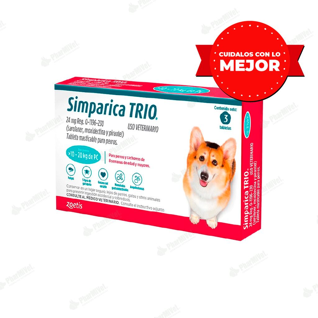 SIMPARICA TRIO 24 MG DE 10 - 20 KG X 3 TAB