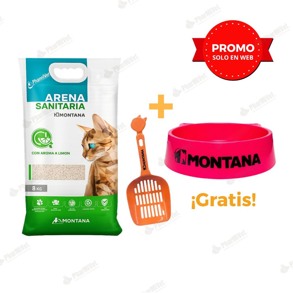 ARENA SANITARIA AROMA LIMON X 8 KG + PALA SANITARIA + COMEDERO