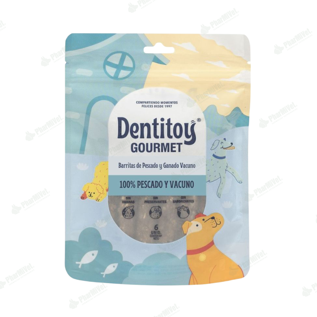 DENTITOY GOURMET BARRITAS VACUNO Y PESCADO X 6 UND