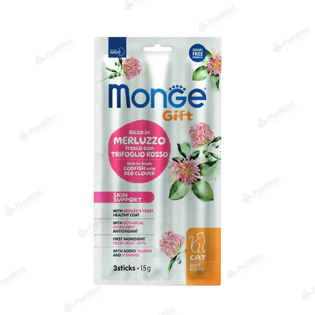 MONGE GIFT SOFT STICKS SKIN SUPPORT CAT (BACALAO+TREBOL ROJO) 15 G