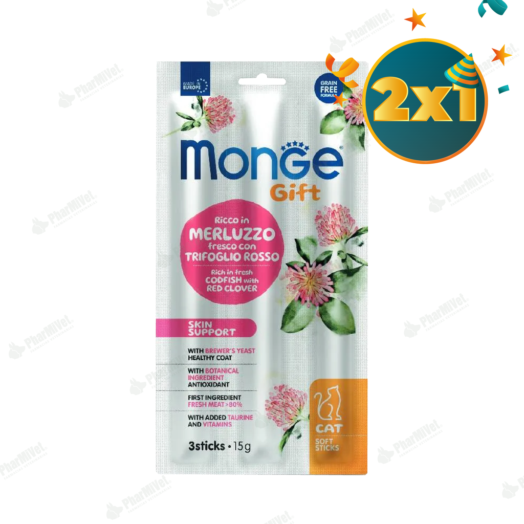 MONGE GIFT SOFT STICKS SKIN SUPPORT CAT (BACALAO+TREBOL ROJO) 15 G