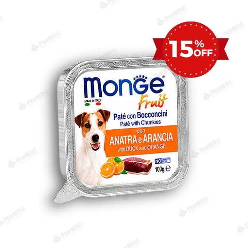 [81040205013] MONGE CANINE FRUIT PATO Y NARANJA ALUTRAY 100 G