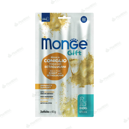 [81040205072] MONGE GIFT STICKS IMMUNITY SUPPORT DOG (CONEJO+BETAGLUCANOS) 45 G