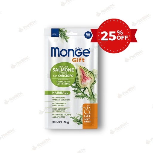 [81040303159] MONGE GIFT SOFT STICKS HAIRBALL CAT (SALMON+ALCACHOFA) 15 G